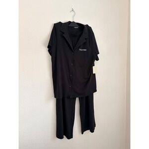 Calvin Klein Women Black Pajama Set Sleepwear Button Up Shirt Pants Large